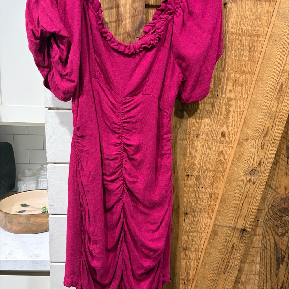 Urban Outfitters Magenta Ruched Puff-Sleeve Mini Dress